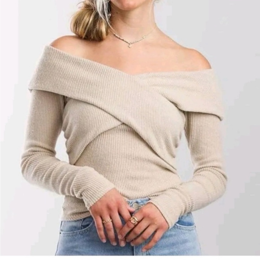 Free People Off-Shoulder Beige Sweater